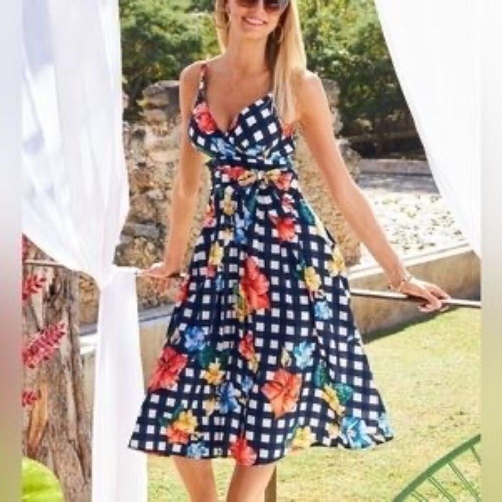 Boston Proper Gingham Floral Summer Dress, size 16